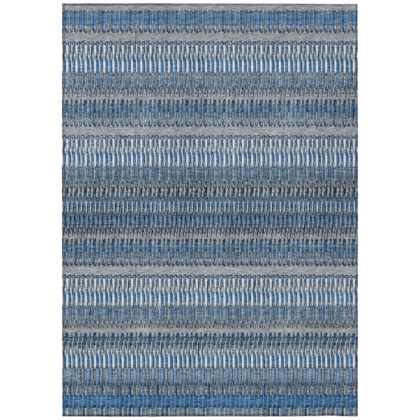 8' X 10' Denim Blue And Ivory Striped Washable Indoor Outdoor Area Rug