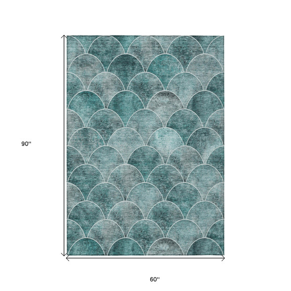 5' X 8' Teal Blue Aqua And Gray Abstract Washable Indoor Outdoor Area Rug