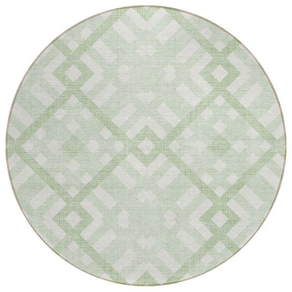 8' Mint Green And Ivory Round Geometric Washable Indoor Outdoor Area Rug