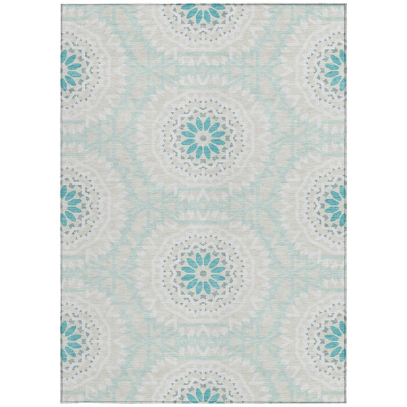 10' X 14' Teal Blue Beige And Ivory Floral Medallion Washable Indoor Outdoor Area Rug
