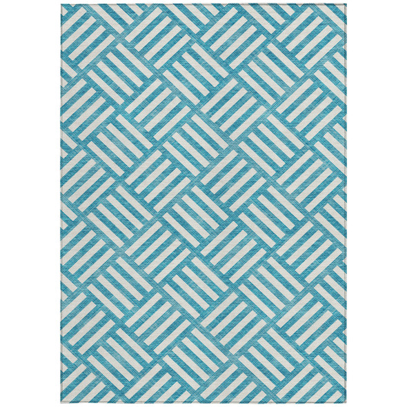 5' X 8' Teal Blue And Ivory Geometric Washable Indoor Outdoor Area Rug