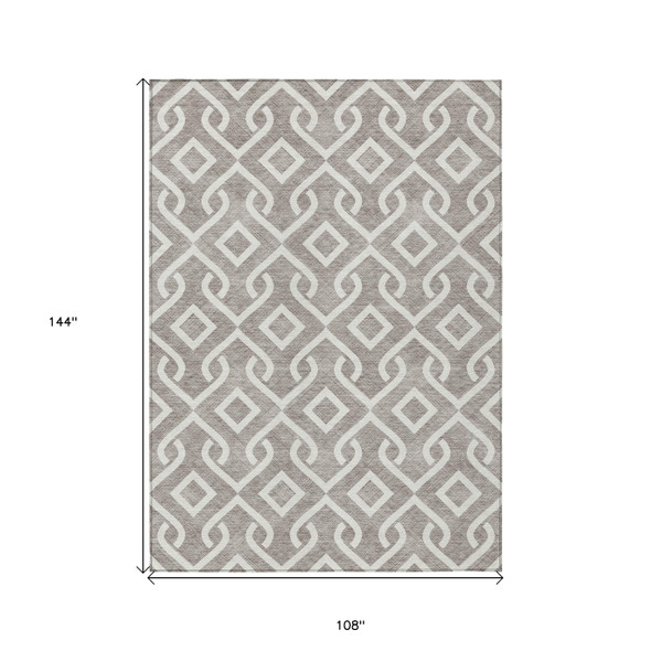 9' X 12' Taupe And Ivory Geometric Washable Indoor Outdoor Area Rug