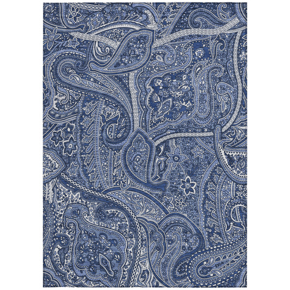 9' X 12' Navy Blue And Sky Blue Paisley Washable Indoor Outdoor Area Rug