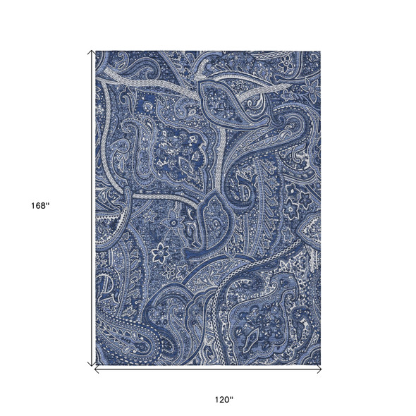 10' X 14' Navy Blue And Sky Blue Paisley Washable Indoor Outdoor Area Rug