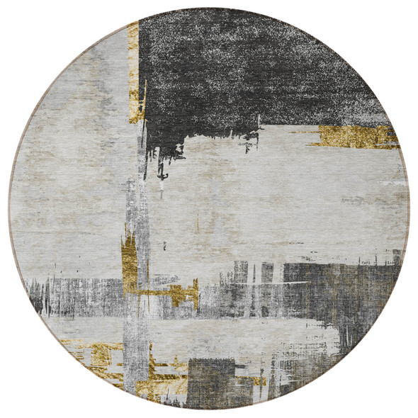 8' Gray And Tan Round Abstract Washable Indoor Outdoor Area Rug
