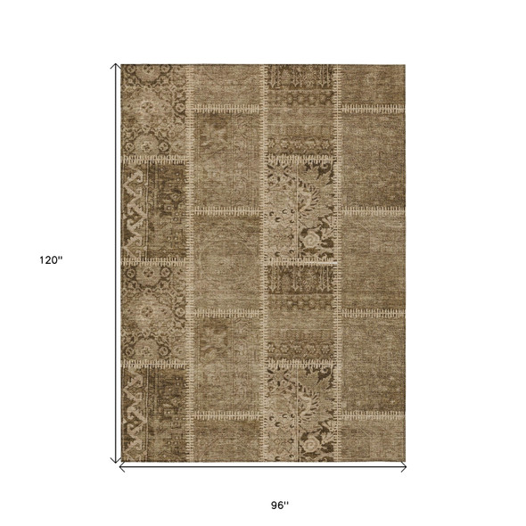 8' X 10' Brown And Beige Patchwork Washable Indoor Outdoor Area Rug