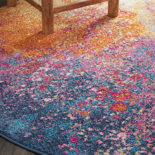 4' Blue And Orange Abstract Round Rug