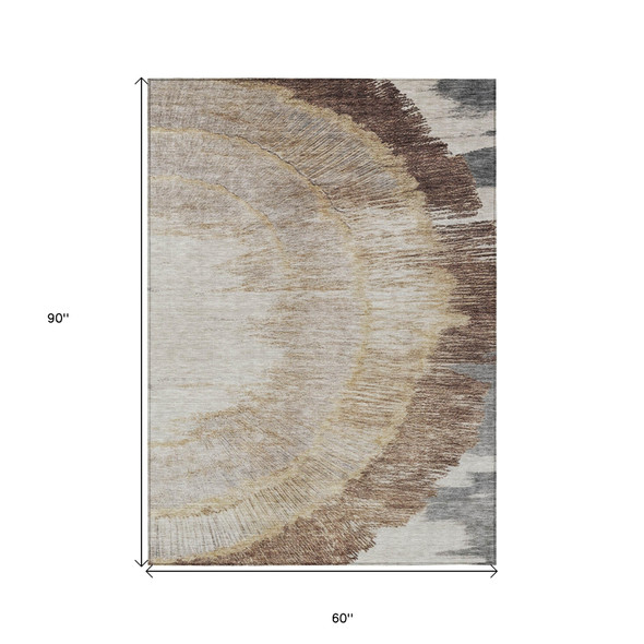 5' X 8' Brown Beige And Taupe Abstract Washable Indoor Outdoor Area Rug