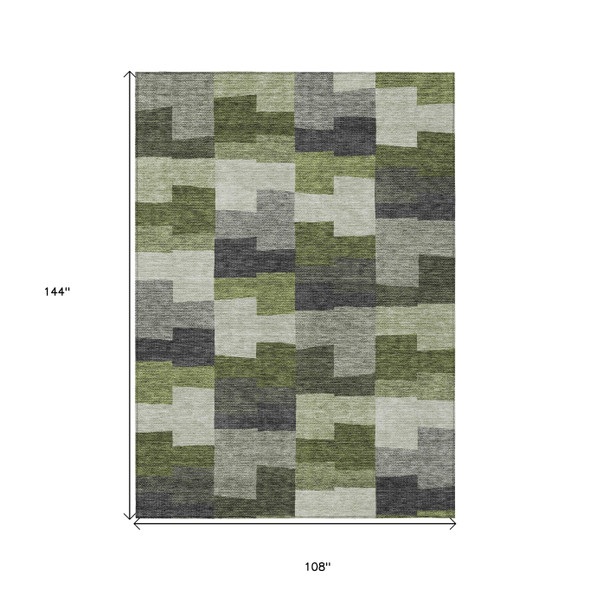 9' X 12' Olive Green And Artichoke Green Geometric Washable Indoor Outdoor Area Rug