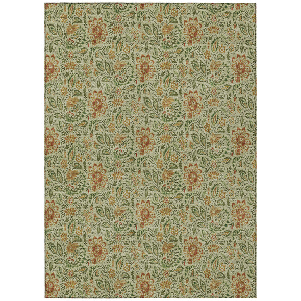 10' X 14' Green Copper And Sage Floral Washable Indoor Outdoor Area Rug