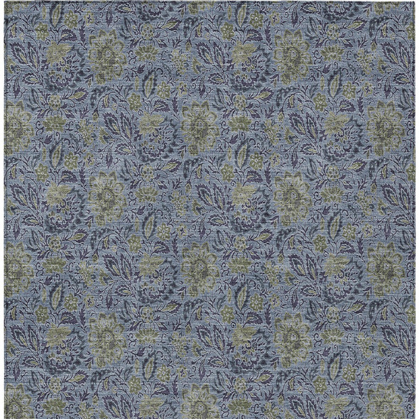 9' X 12' Denim Blue Navy Blue And Gray Floral Washable Indoor Outdoor Area Rug
