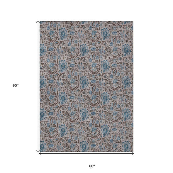 5' X 8' Brown And Blue Floral Washable Indoor Outdoor Area Rug