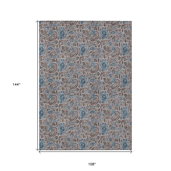 9' X 12' Brown And Blue Floral Washable Indoor Outdoor Area Rug