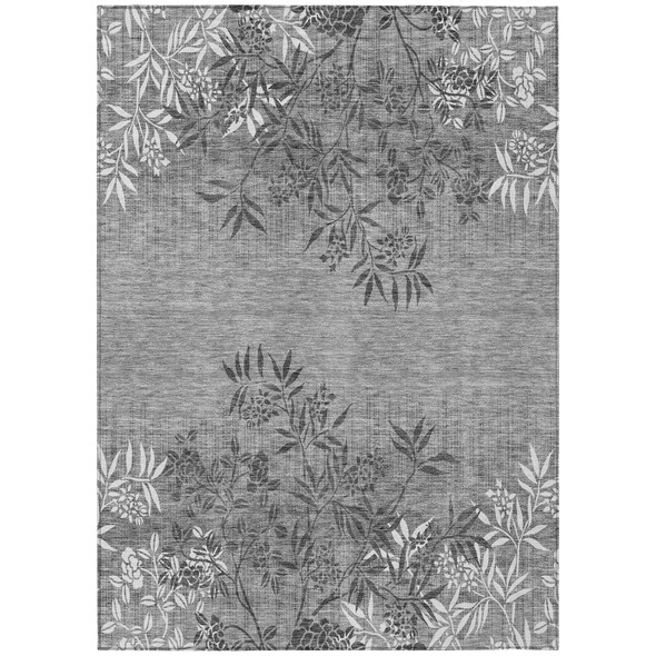 8' X 10' Gray Charcoal And Ivory Floral Washable Indoor Outdoor Area Rug