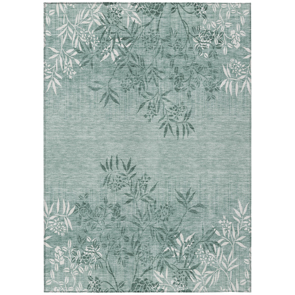 9' X 12' Sage Fern Green And Ivory Floral Washable Indoor Outdoor Area Rug