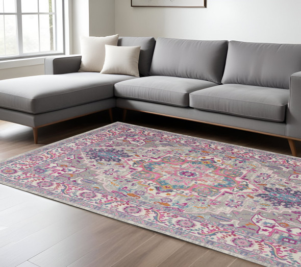 7' X 10' Light Gray And Pink Medallion Area Rug