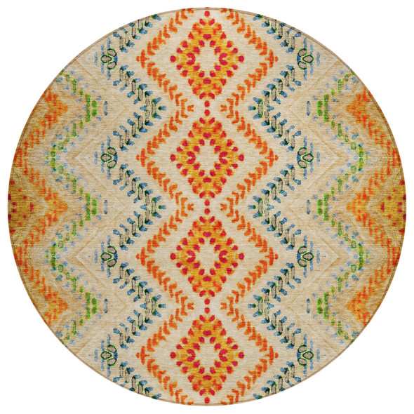 8' Beige Orange And Red Round Geometric Washable Indoor Outdoor Area Rug