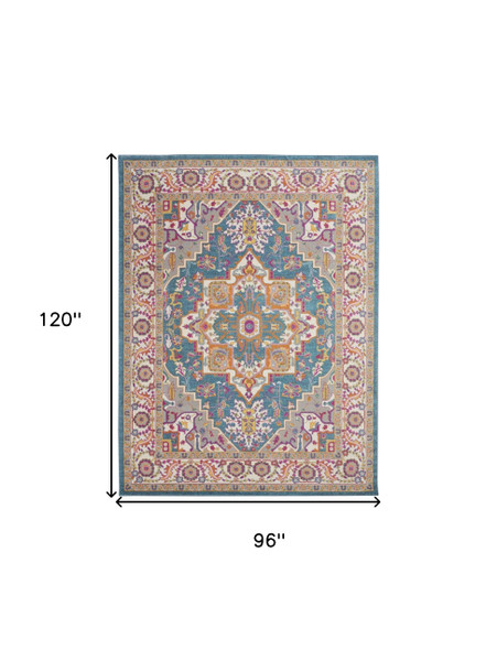 8' X 10' Teal And Ivory Medallion Distressed Area Rug