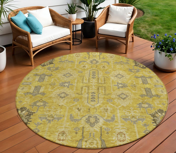 8' Gold Wheat And Gray Round Oriental Washable Indoor Outdoor Area Rug