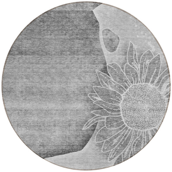 8' Gray Silver And Charcoal Round Floral Washable Indoor Outdoor Area Rug
