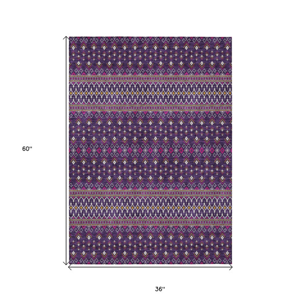 3' X 5' Purple Pink And Yellow Tribal Washable Indoor Outdoor Area Rug