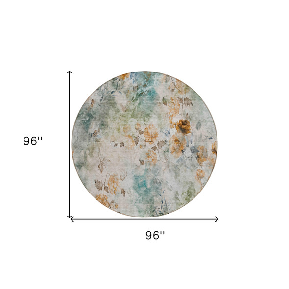 8' Teal Blue And Green Round Floral Washable Indoor Outdoor Area Rug