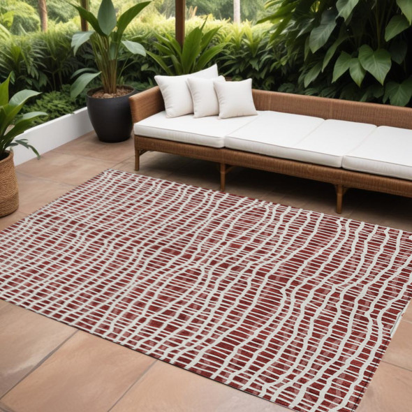 9' X 12' Burgundy And Ivory Striped Washable Indoor Outdoor Area Rug