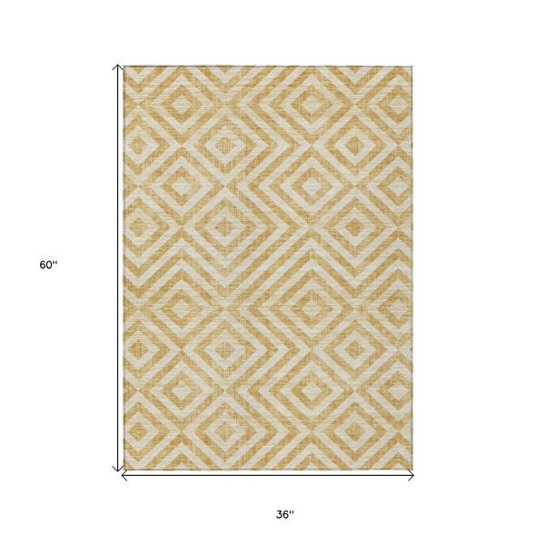 3' X 5' Gold Beige And Ivory Geometric Washable Indoor Outdoor Area Rug