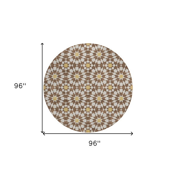 8' Chocolate Ivory And Gold Round Floral Medallion Washable Indoor Outdoor Area Rug