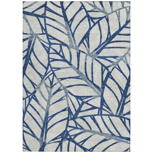 9' X 12' Navy Blue And Beige Floral Washable Indoor Outdoor Area Rug