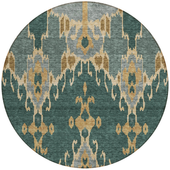 8' Green Gray And Gold Round Ikat Washable Indoor Outdoor Area Rug