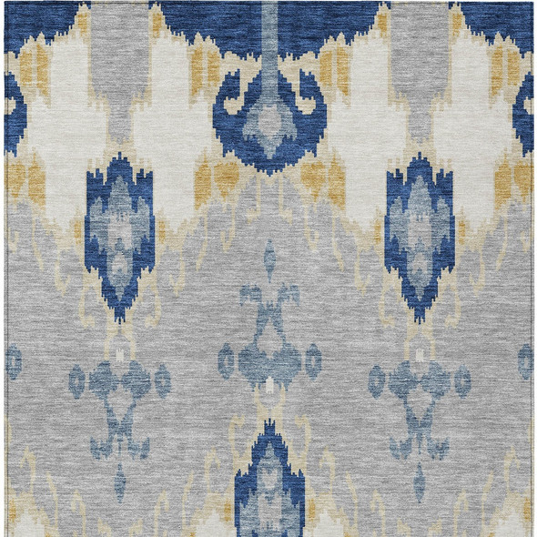 10' X 14' Navy Blue Ivory And Gray Ikat Washable Indoor Outdoor Area Rug