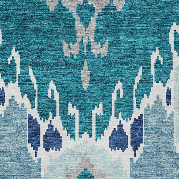 8' X 10' Teal Blue Navy Blue And Gray Ikat Washable Indoor Outdoor Area Rug