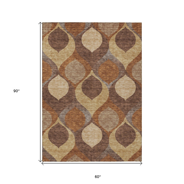 5' X 8' Copper Beige And Taupe Ogee Washable Indoor Outdoor Area Rug