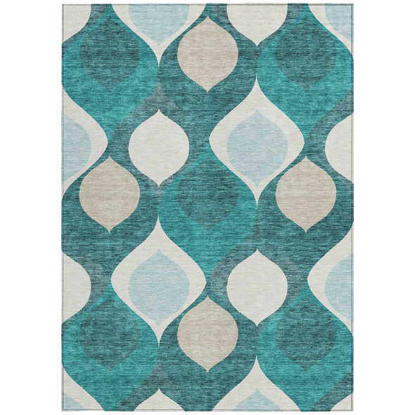 3' X 5' Teal Blue Sky Blue And Ivory Ogee Washable Indoor Outdoor Area Rug