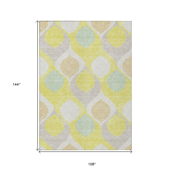 9' X 12' Yellow Mint Green And Beige Ogee Washable Indoor Outdoor Area Rug