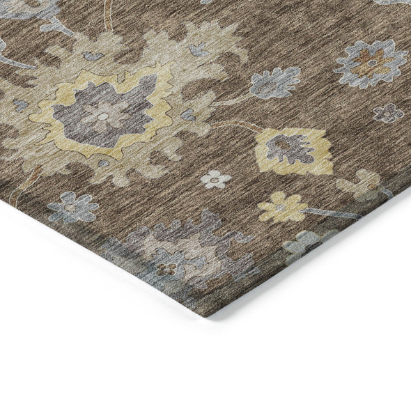 5' X 8' Chocolate Taupe And White Floral Washable Indoor Outdoor Area Rug