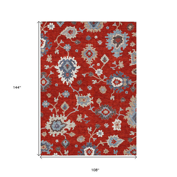 9' X 12' Red Gray And Taupe Floral Washable Indoor Outdoor Area Rug