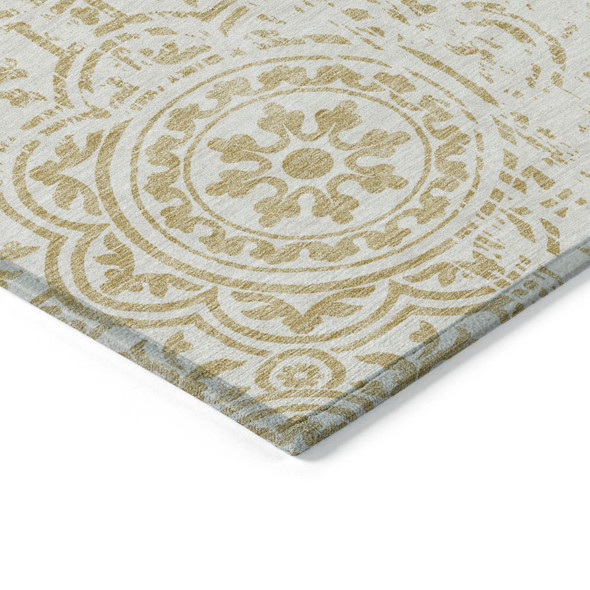 10' X 14' Gold And Ivory Medallion Washable Indoor Outdoor Area Rug