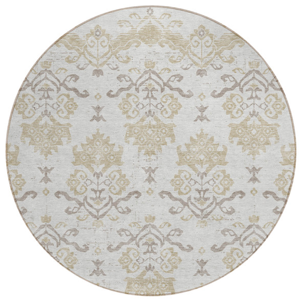 8' Ivory Beige And Taupe Round Oriental Washable Indoor Outdoor Area Rug