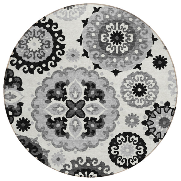 8' Black Gray And Silver Round Floral Medallion Washable Indoor Outdoor Area Rug