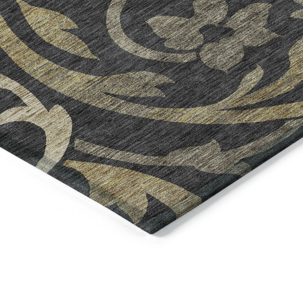 3' X 5' Black Taupe And Gold Floral Washable Indoor Outdoor Area Rug