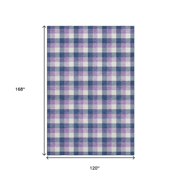 10' X 14' Navy Blue Ivory And Purple Plaid Washable Area Rug With UV Protection