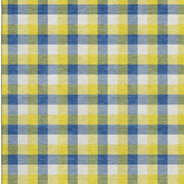8' X 10' Yellow Navy Blue And Ivory Plaid Washable Area Rug With UV Protection
