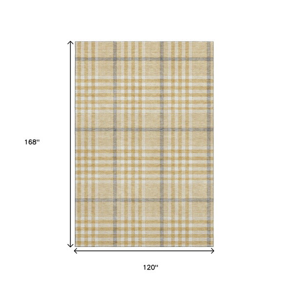 10' X 14' Gold Ivory And Gray Plaid Washable Area Rug With UV Protection
