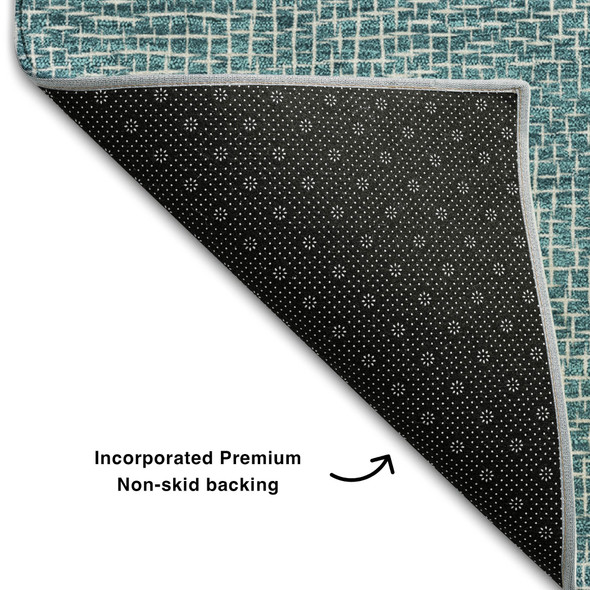 10' X 14' Teal And Ivory Geometric Washable Area Rug With UV Protection