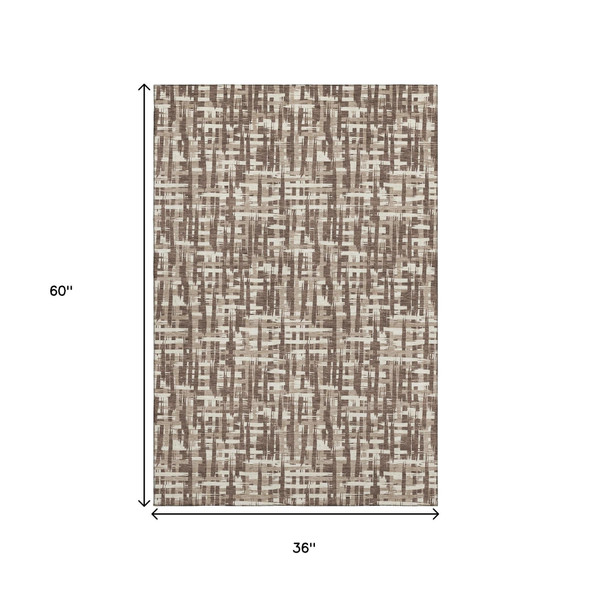 3' X 5' Brown Beige And Ivory Abstract Geometric Washable Area Rug With UV Protection
