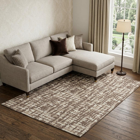 10' X 14' Brown Beige And Ivory Abstract Geometric Washable Area Rug With UV Protection