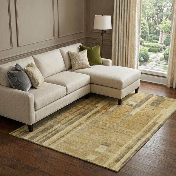 9' X 12' Gold And Brown Striped Washable Area Rug With UV Protection