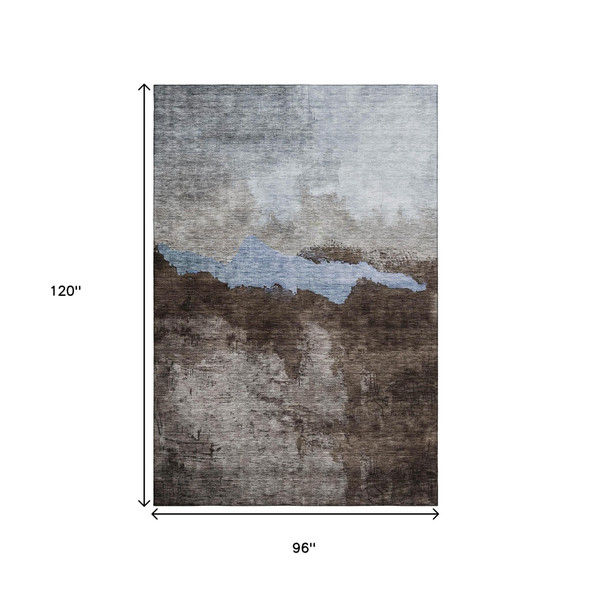 8' X 10' Chocolate And Blue Abstract Washable Area Rug With UV Protection